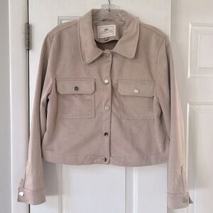 Light pink suede-like jacket, size large, brand is 1 Sunset Lane